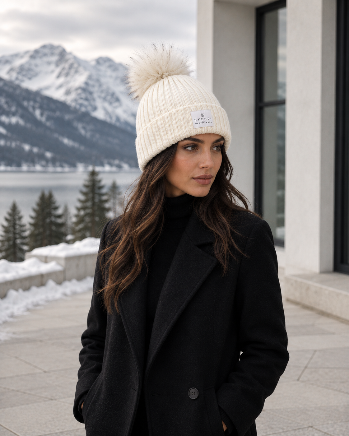 Czapka Damska z 100% Wełny Merino z Pomponem – Ecru
